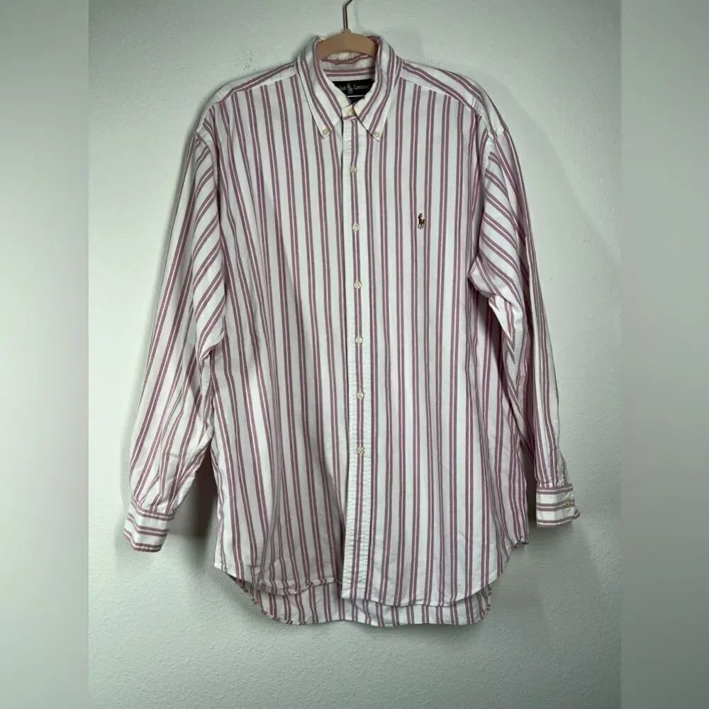 Men’s Long sleeve Ralph Lauren Striped Shirt Pink White Size L Button-Down